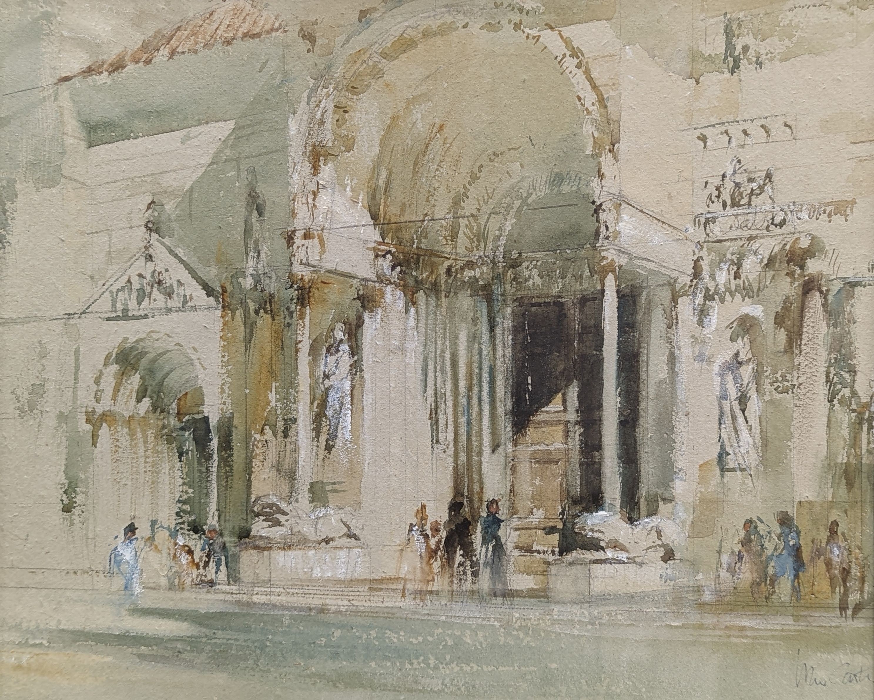 John Carter, watercolour, Cathedral entrance, Fidenza, signed with Exhibition label verso, 30 x 37cm